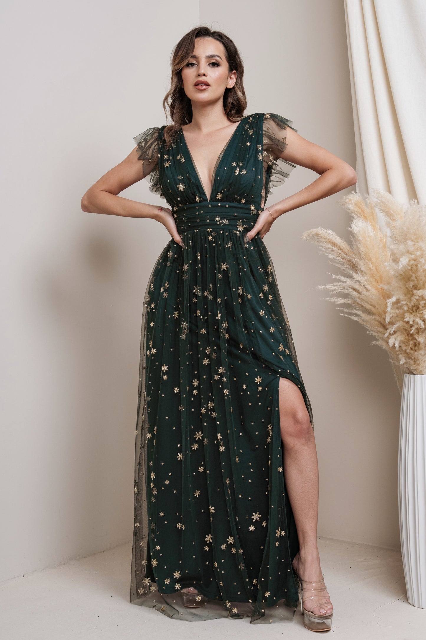 Shimmering Star Mesh Maxi Dress l Hunter Green