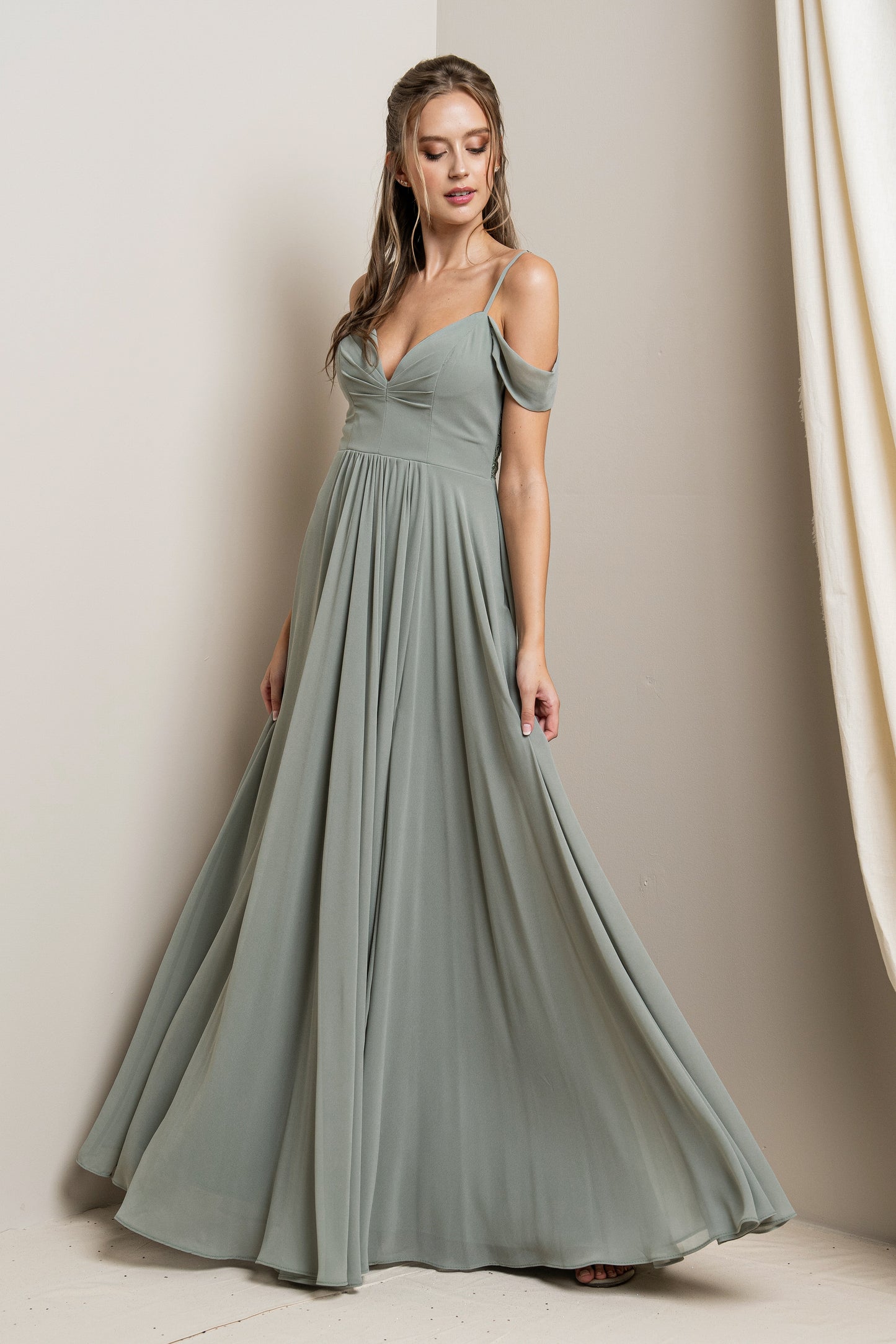 Draped Sleeve with Lace Detail Maxi