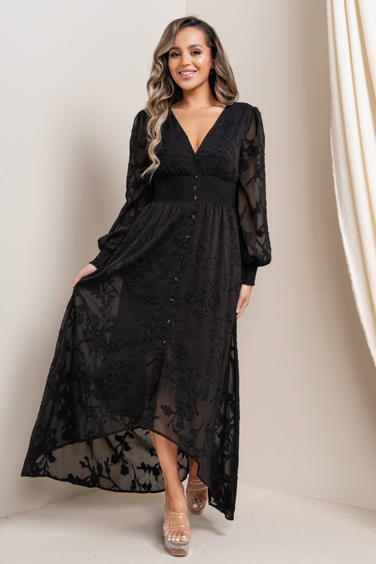 Burn Out Floral Shaped High-Lo Maxi Dress