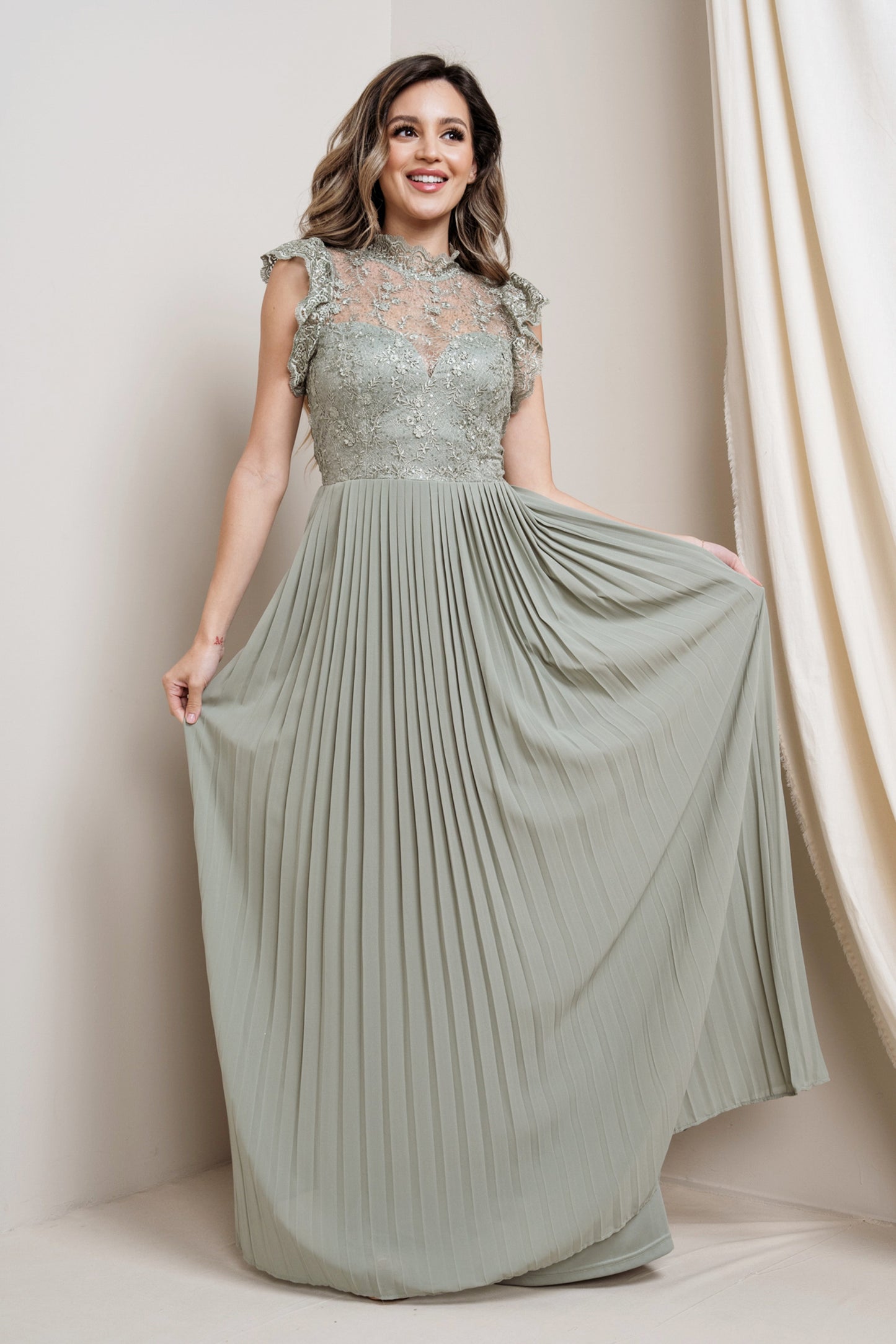 High-Neck Laced Plated Maxi Dress