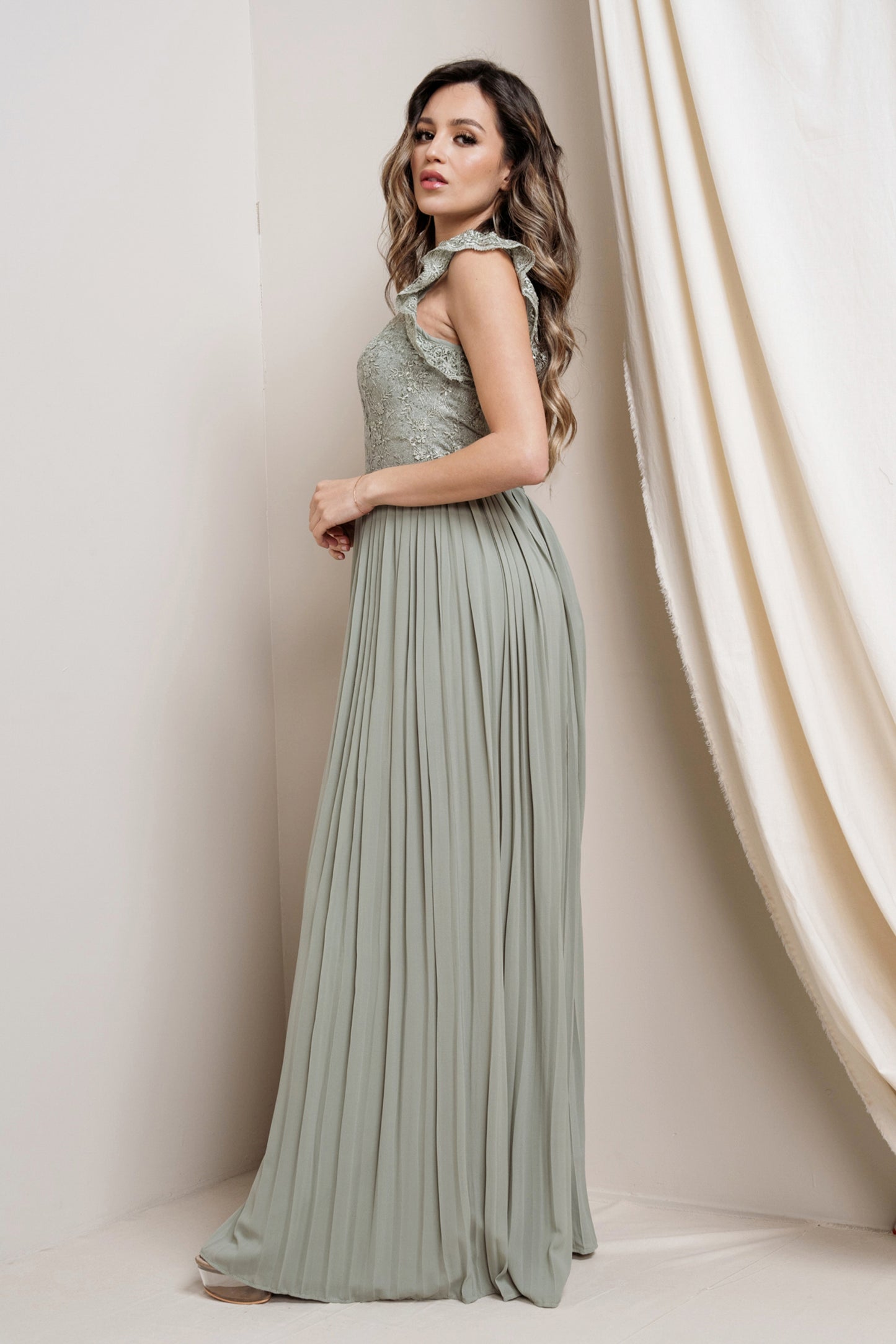 High-Neck Laced Plated Maxi Dress