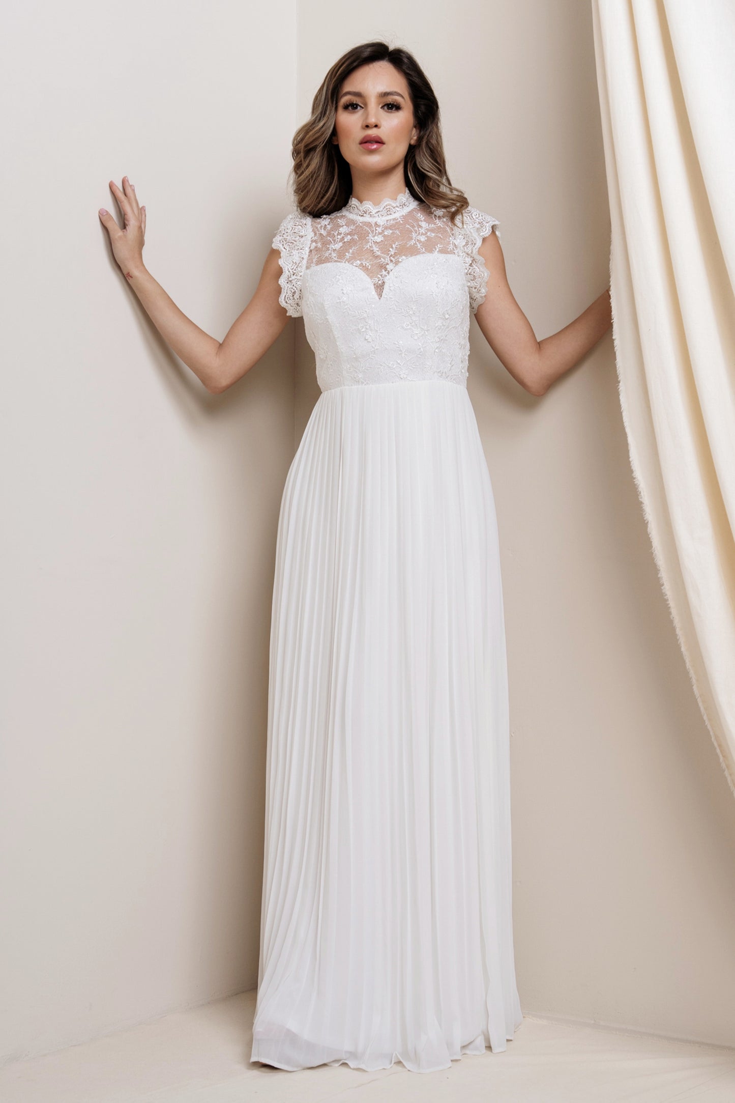 High-Neck Laced Plated Maxi Dress