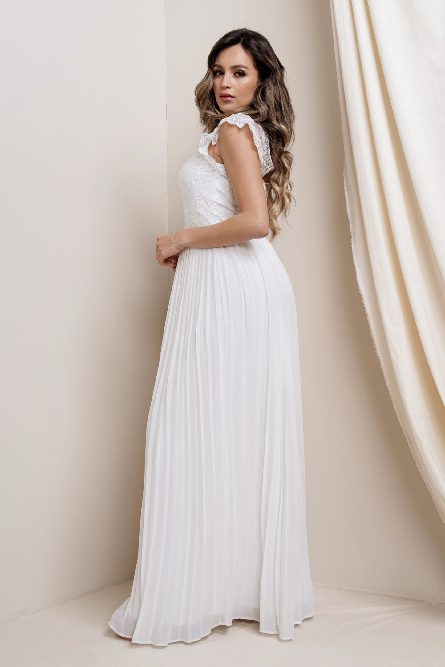 High-Neck Laced Plated Maxi Dress