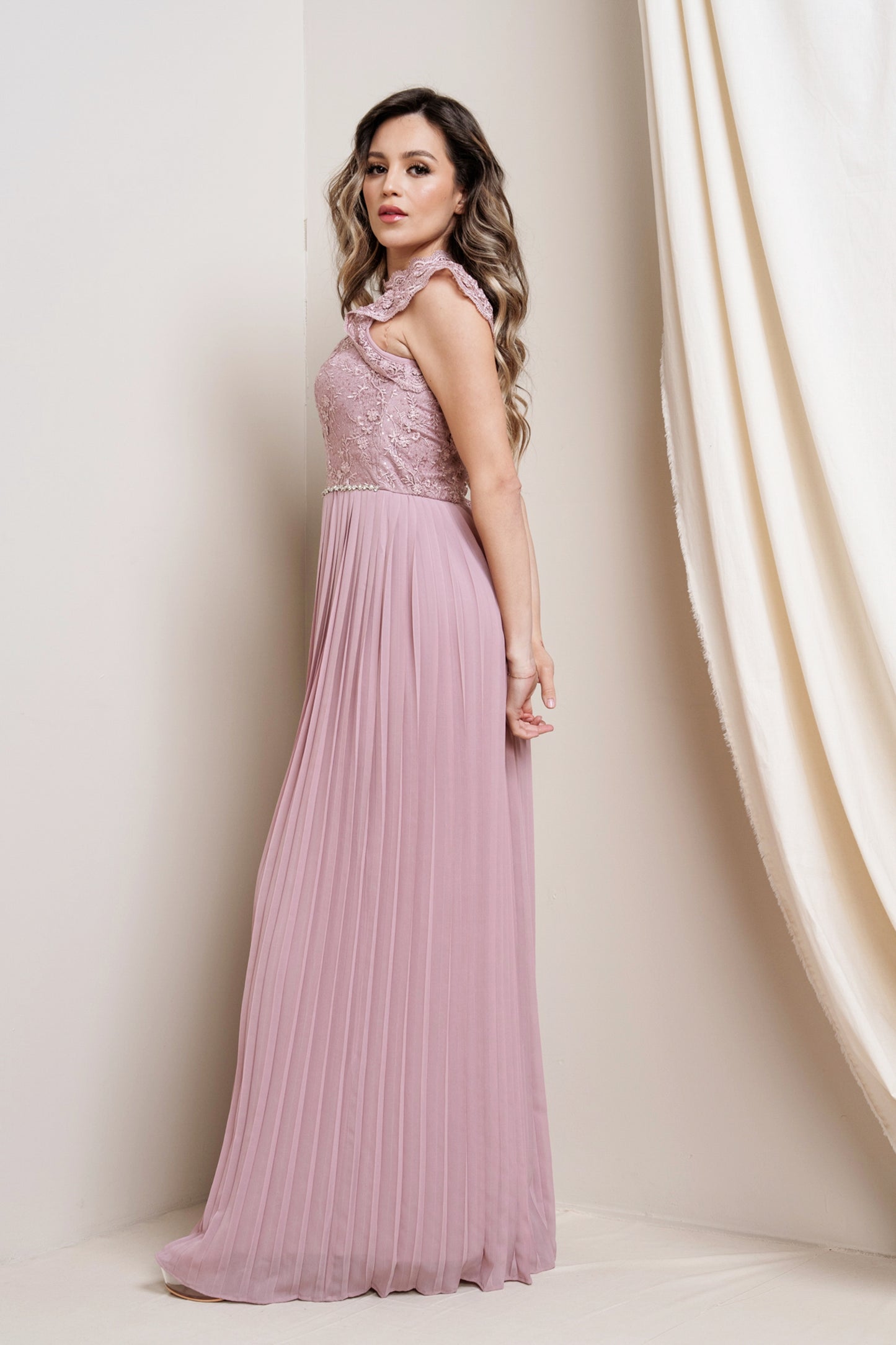 High-Neck Laced Plated Maxi Dress