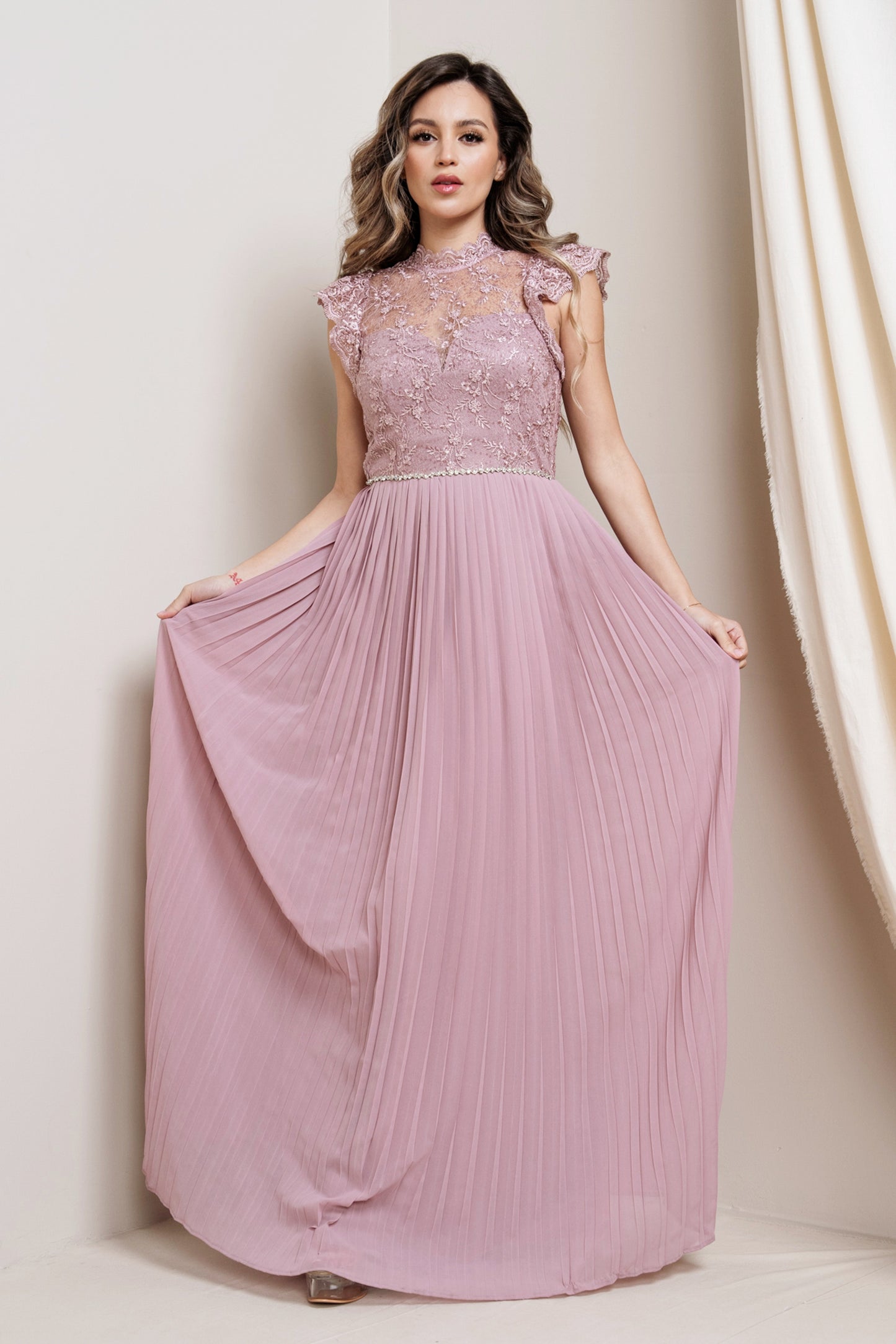 High-Neck Laced Plated Maxi Dress