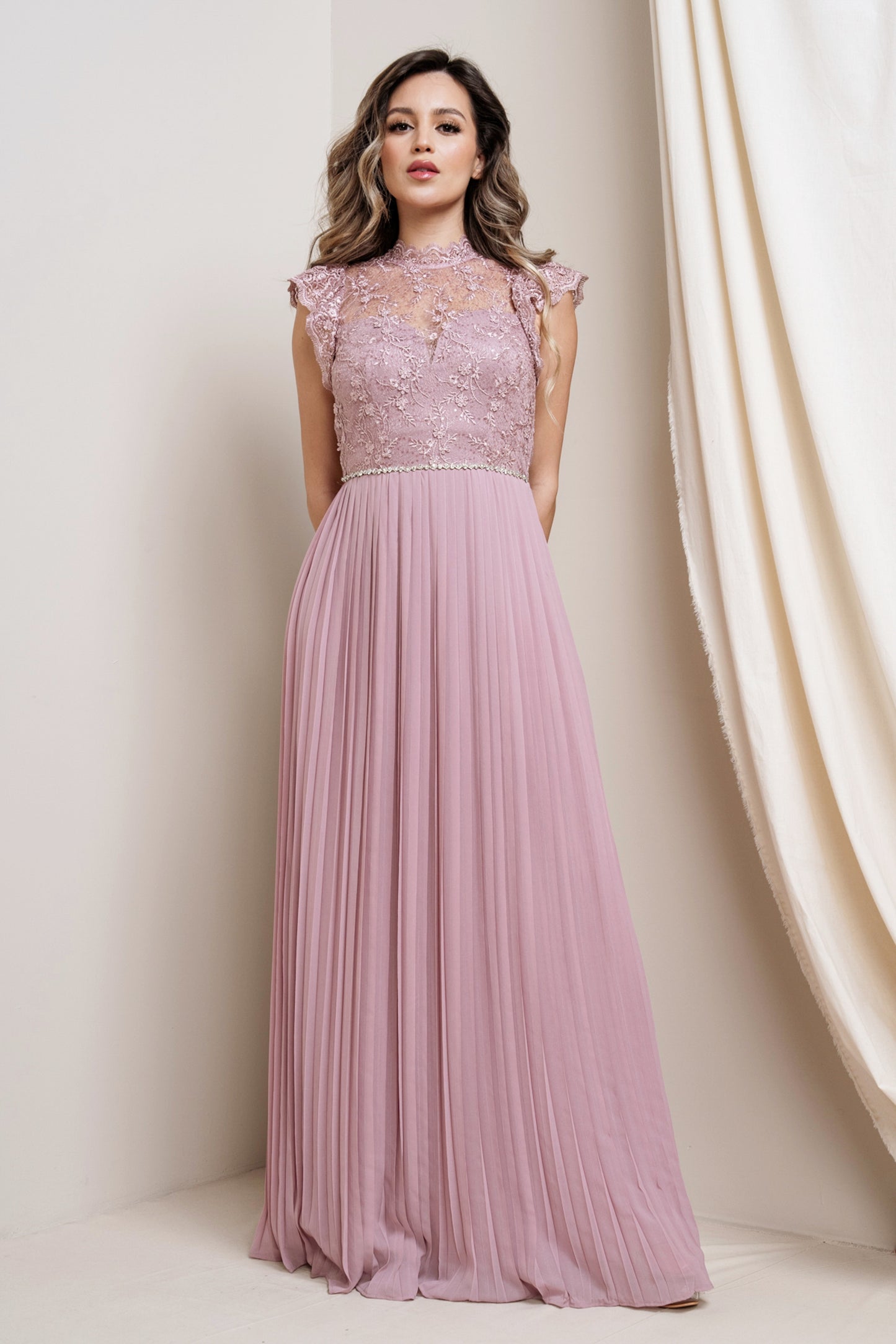 High-Neck Laced Plated Maxi Dress