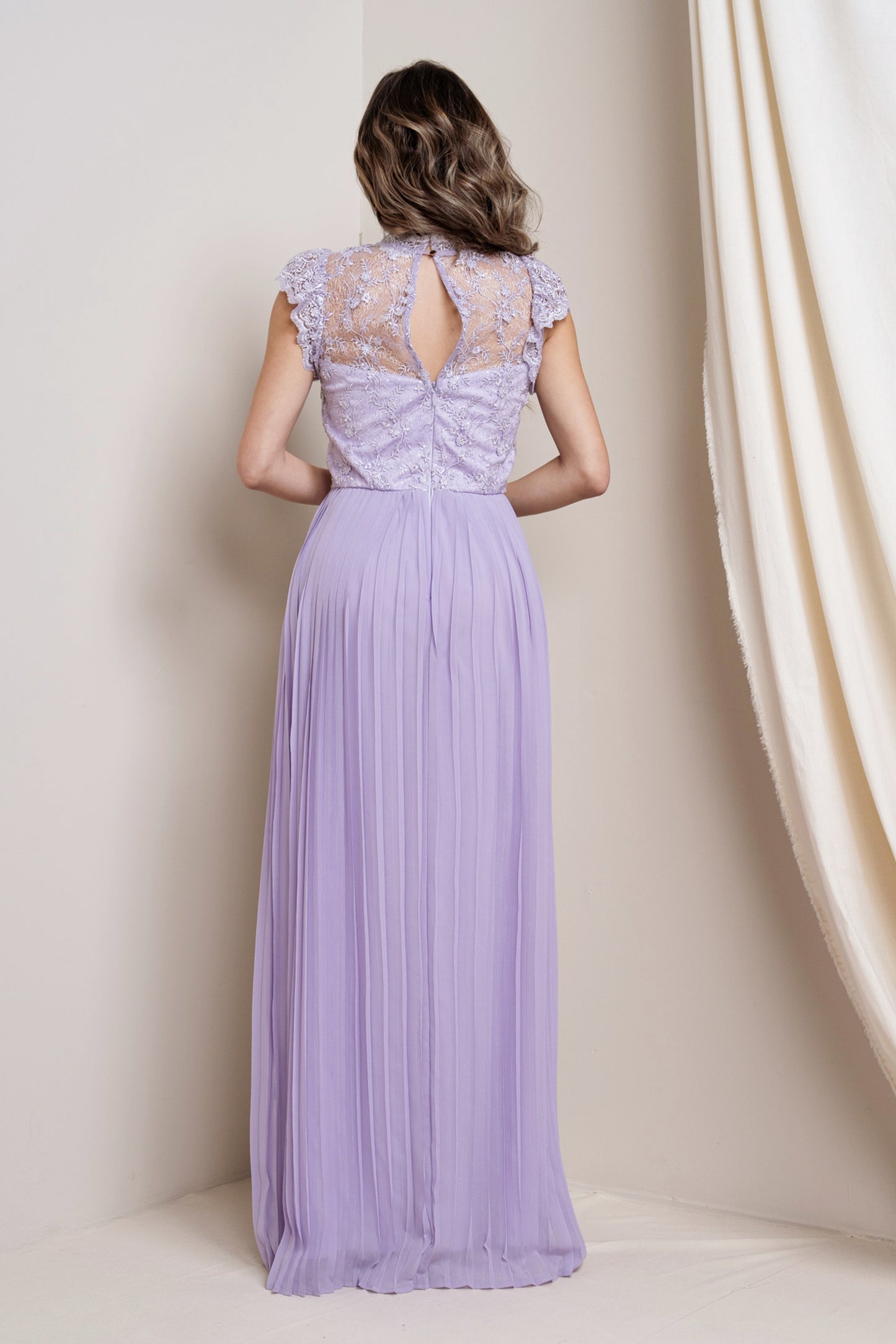 High-Neck Laced Plated Maxi Dress