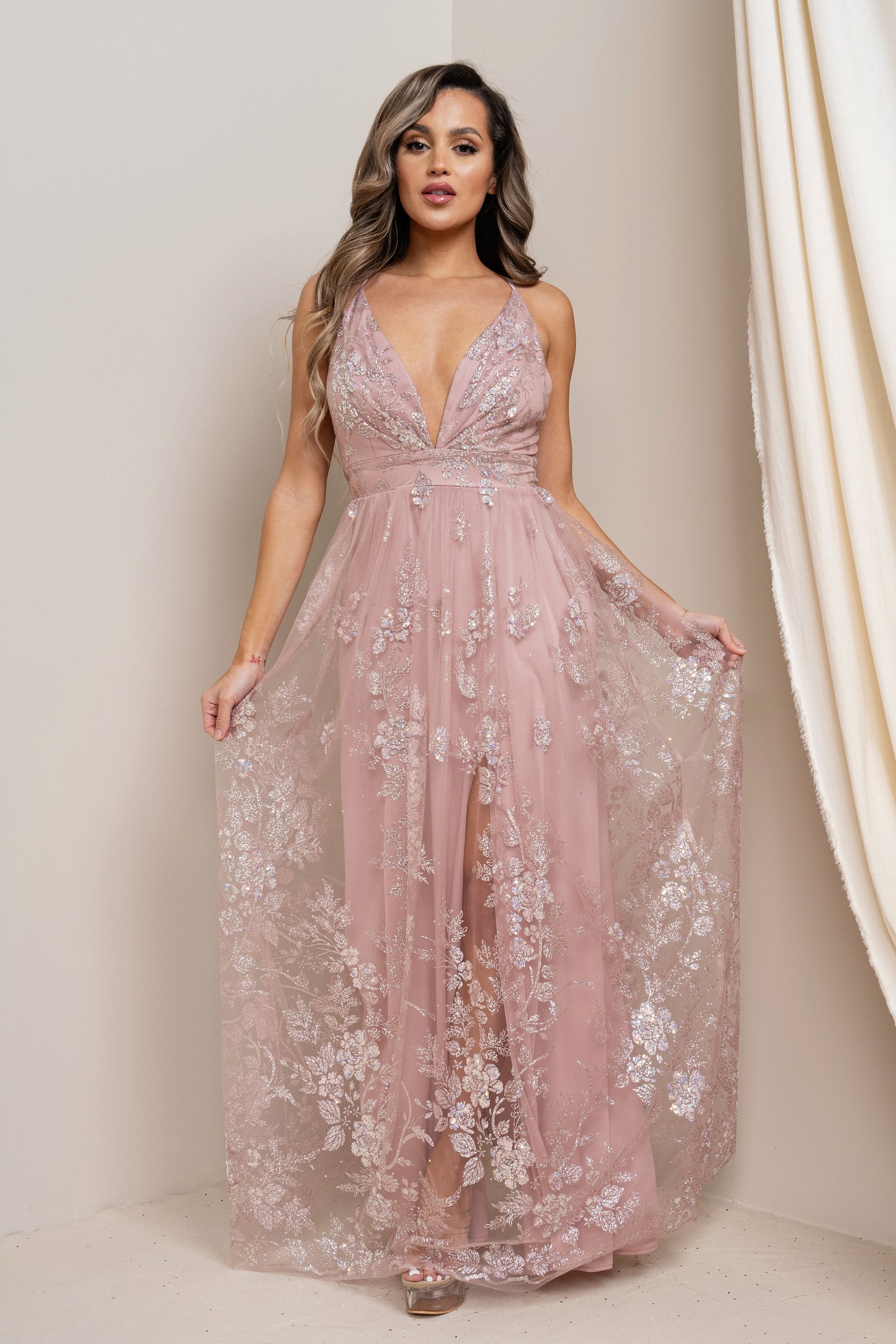 Shimmer Maxi Dress with Criss Cross Back