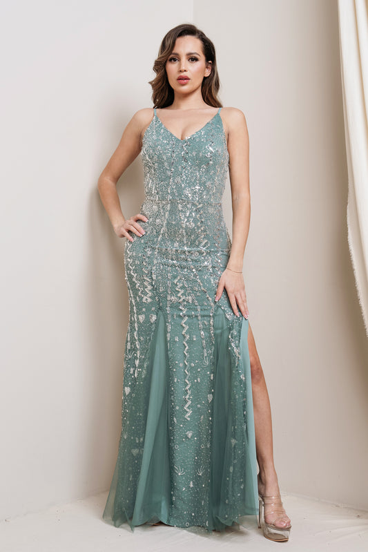 Sequin Fitted Mermaid Dress with Tulle Detail