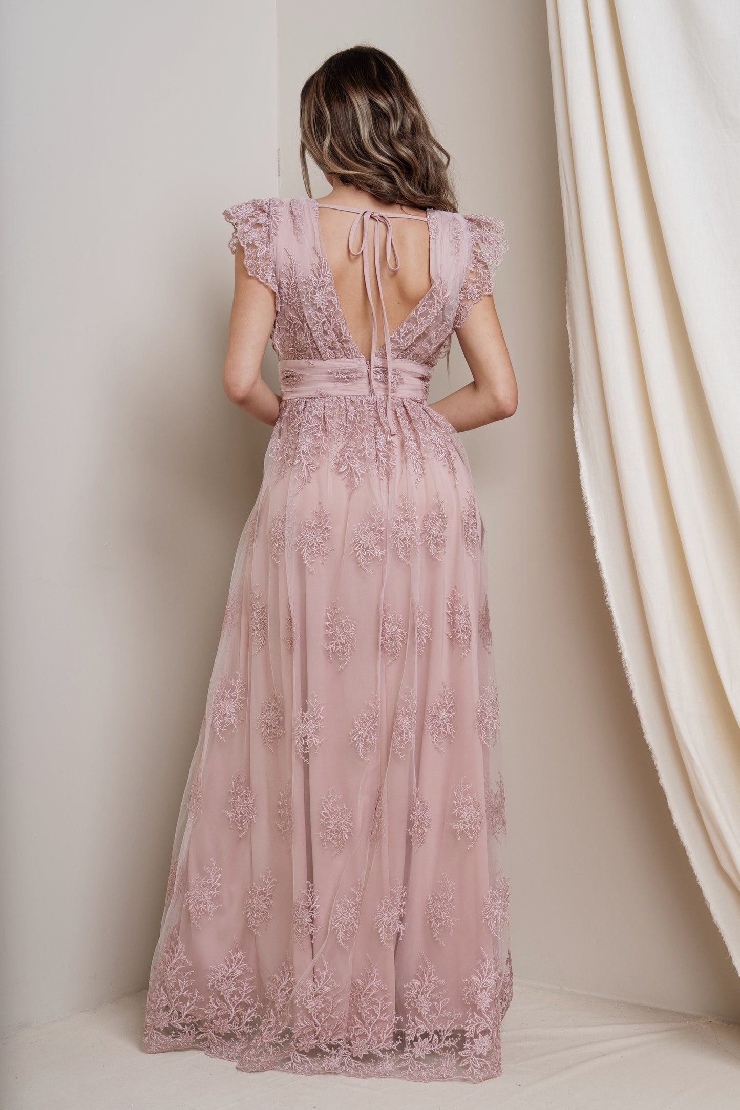 Embroidered Lace maxi with Flutter Sleeves