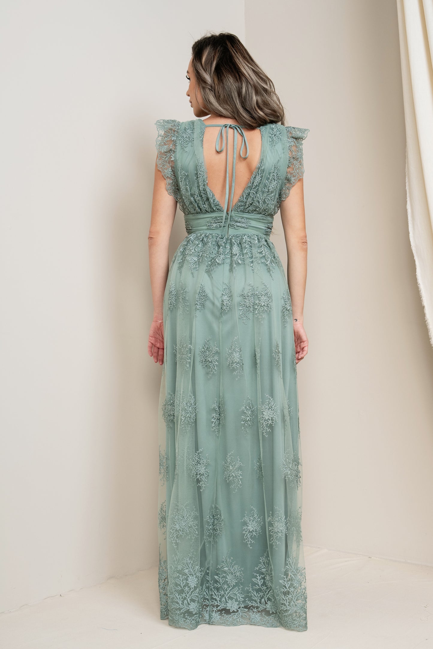 Embroidered Lace maxi with Flutter Sleeves