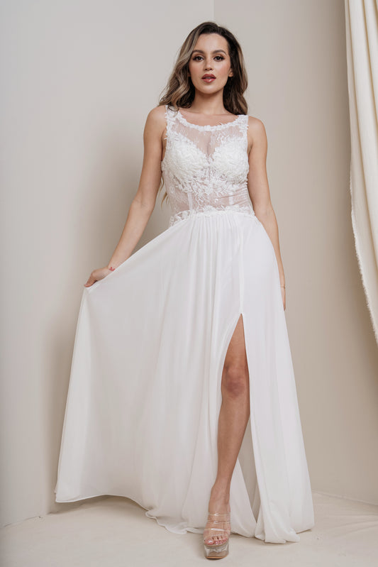 Lace Bodice Chiffon Maxi Dress