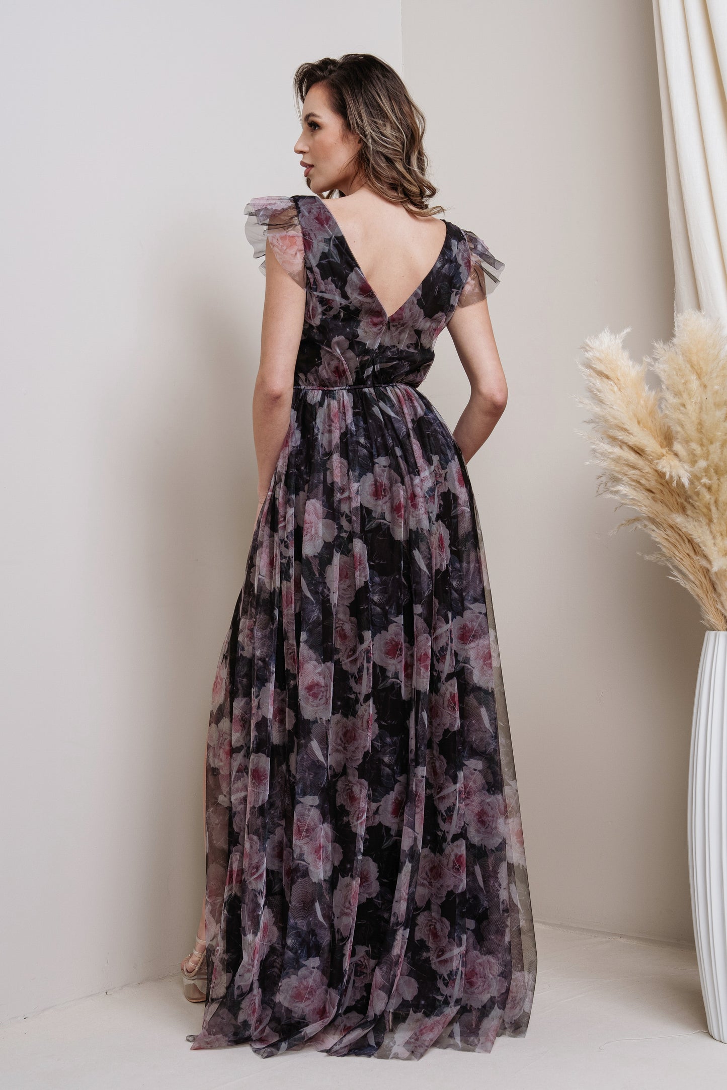 Floral Print Chiffon Maxi with Flutter Sleeves