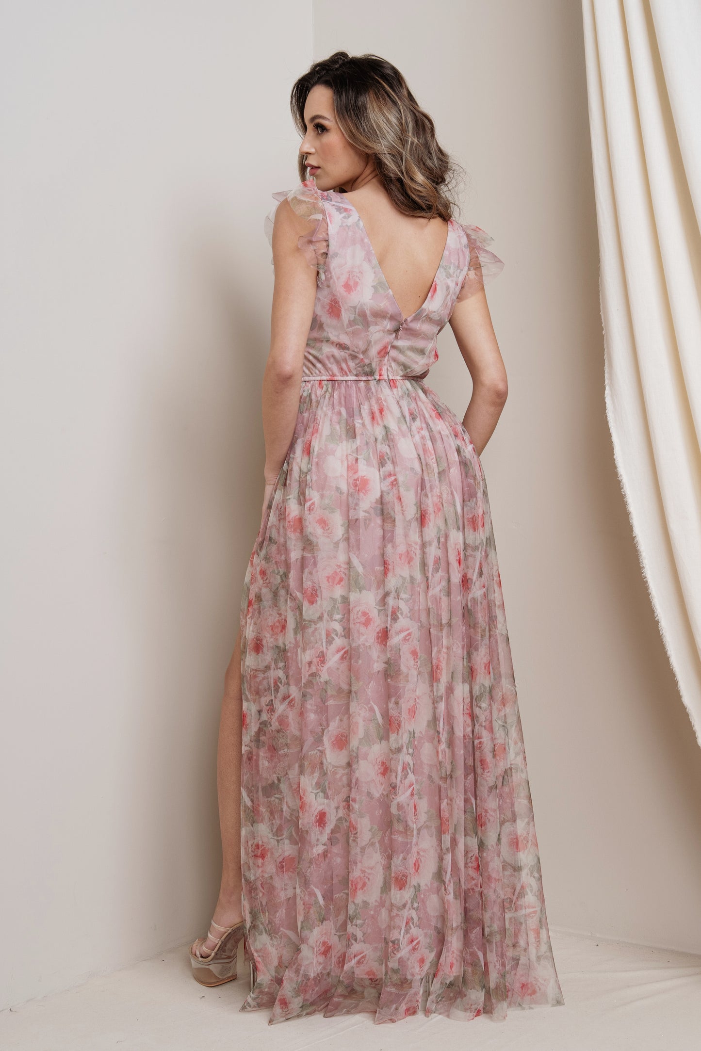 Floral Print Chiffon Maxi with Flutter Sleeves