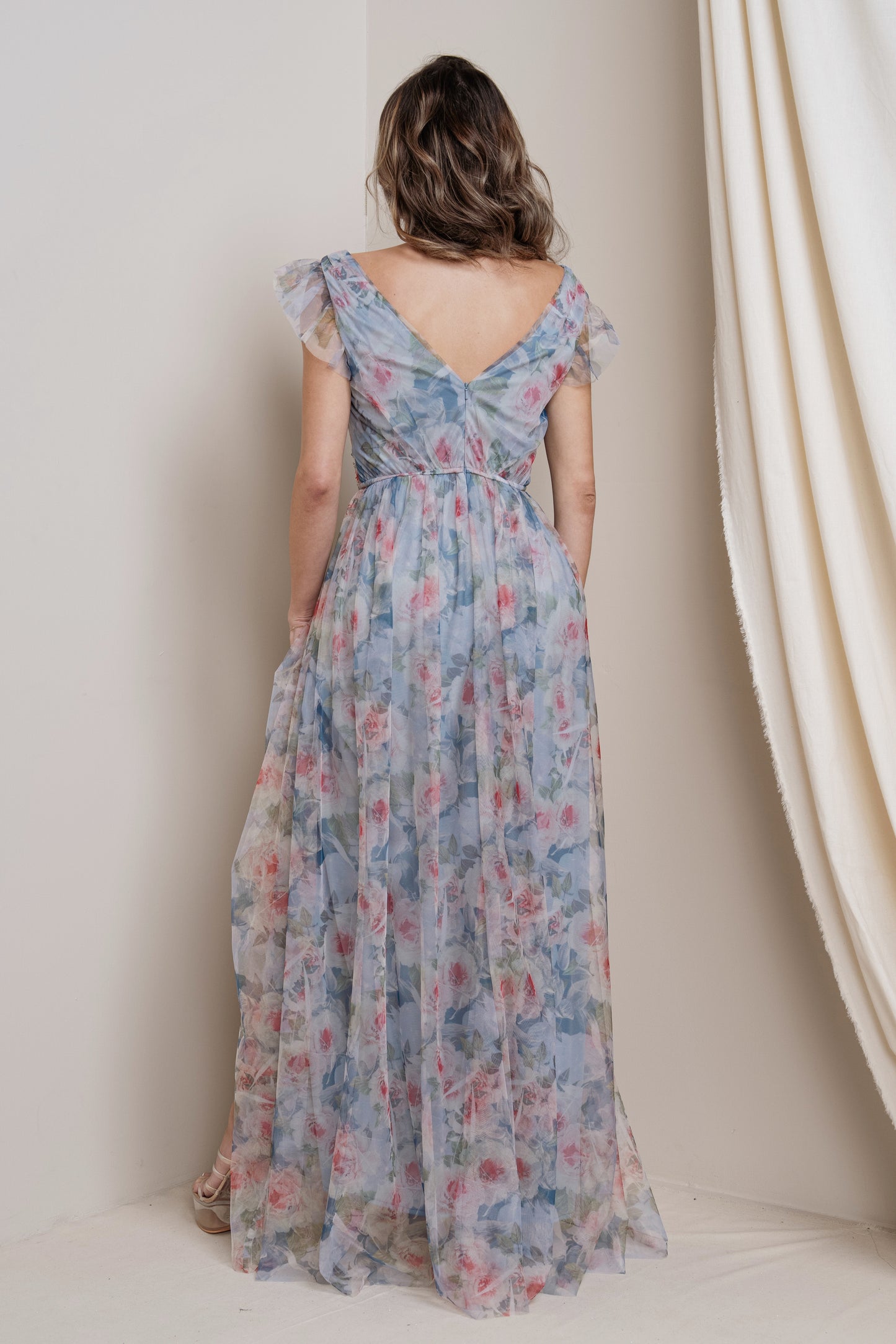 Floral Print Chiffon Maxi with Flutter Sleeves