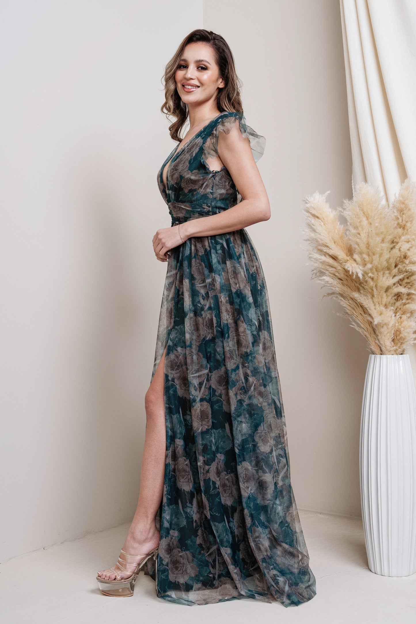 Floral Print Chiffon Maxi with Flutter Sleeves