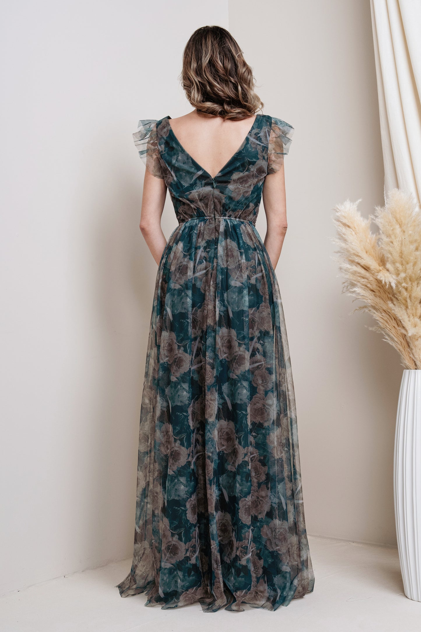 Floral Print Chiffon Maxi with Flutter Sleeves