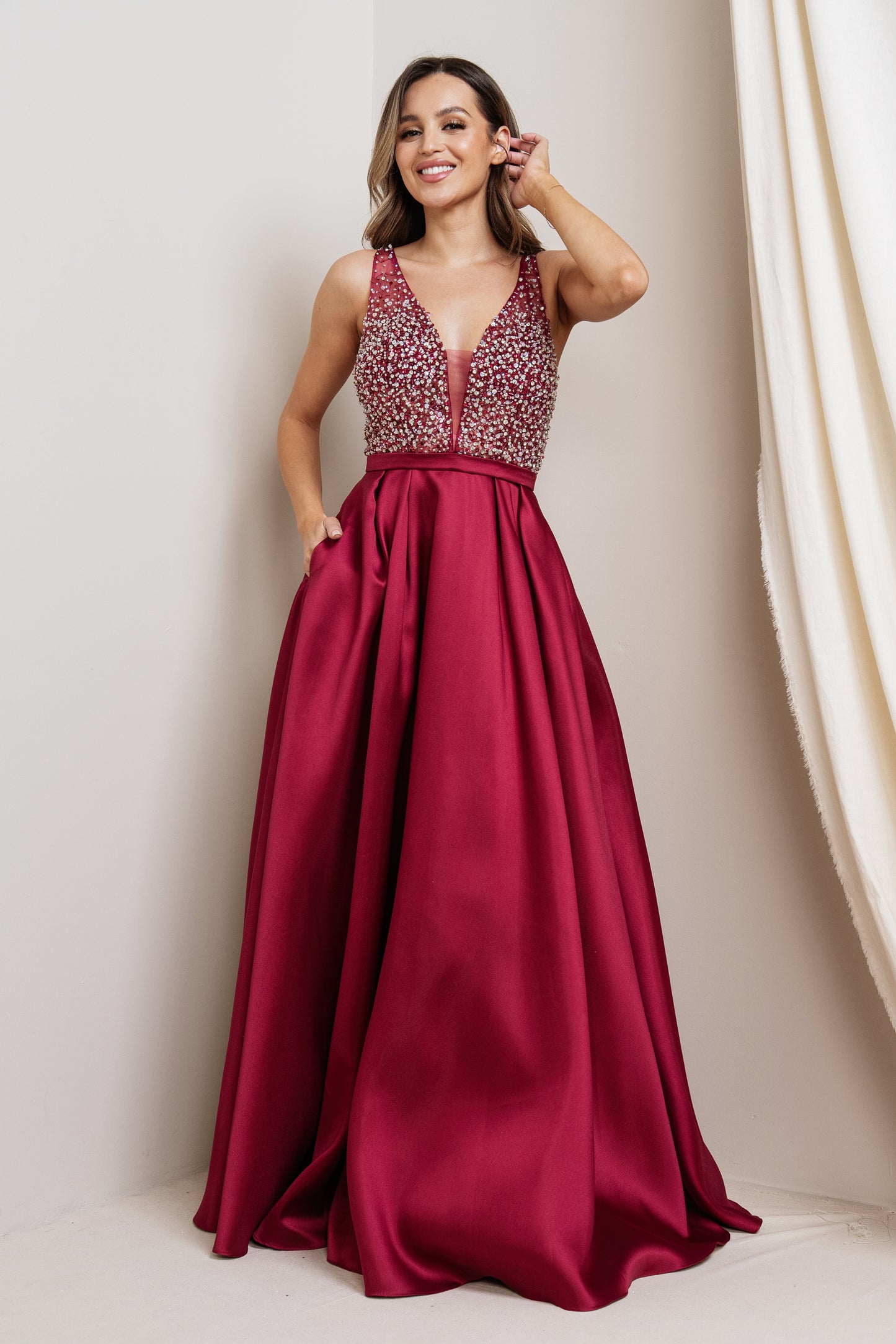 Embellished Full Satin Ball Gown