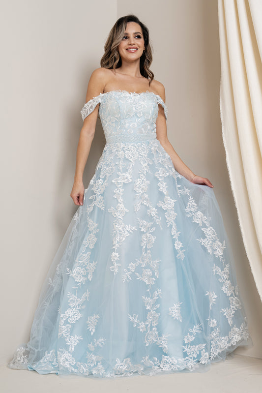 Off Shoulder Lace Embroidered Overlay Ball Gown