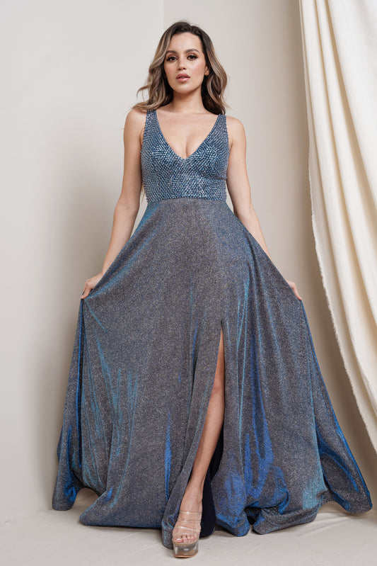 Beaded V-Neck Glitter Jersey Maxi Dress