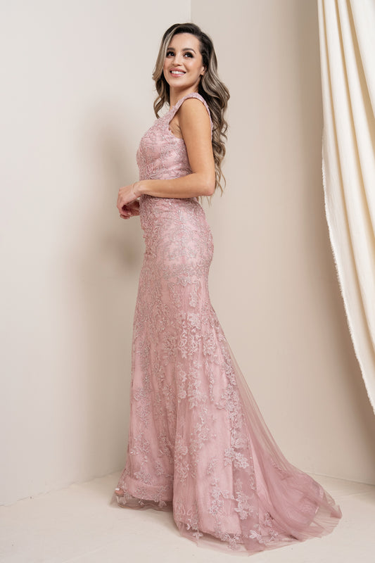 Illusion Tank Bodice Maxi Dress with Beaded Embellishments