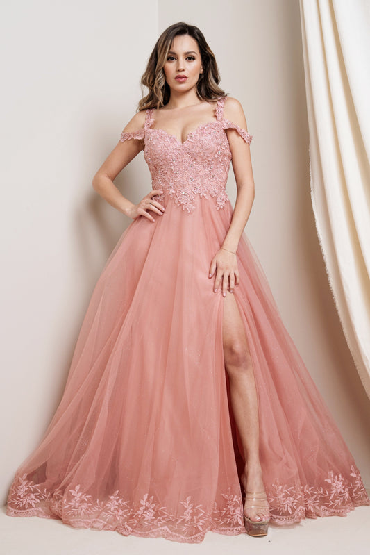 A-Line Tulle Gown with Layered Applique Lace