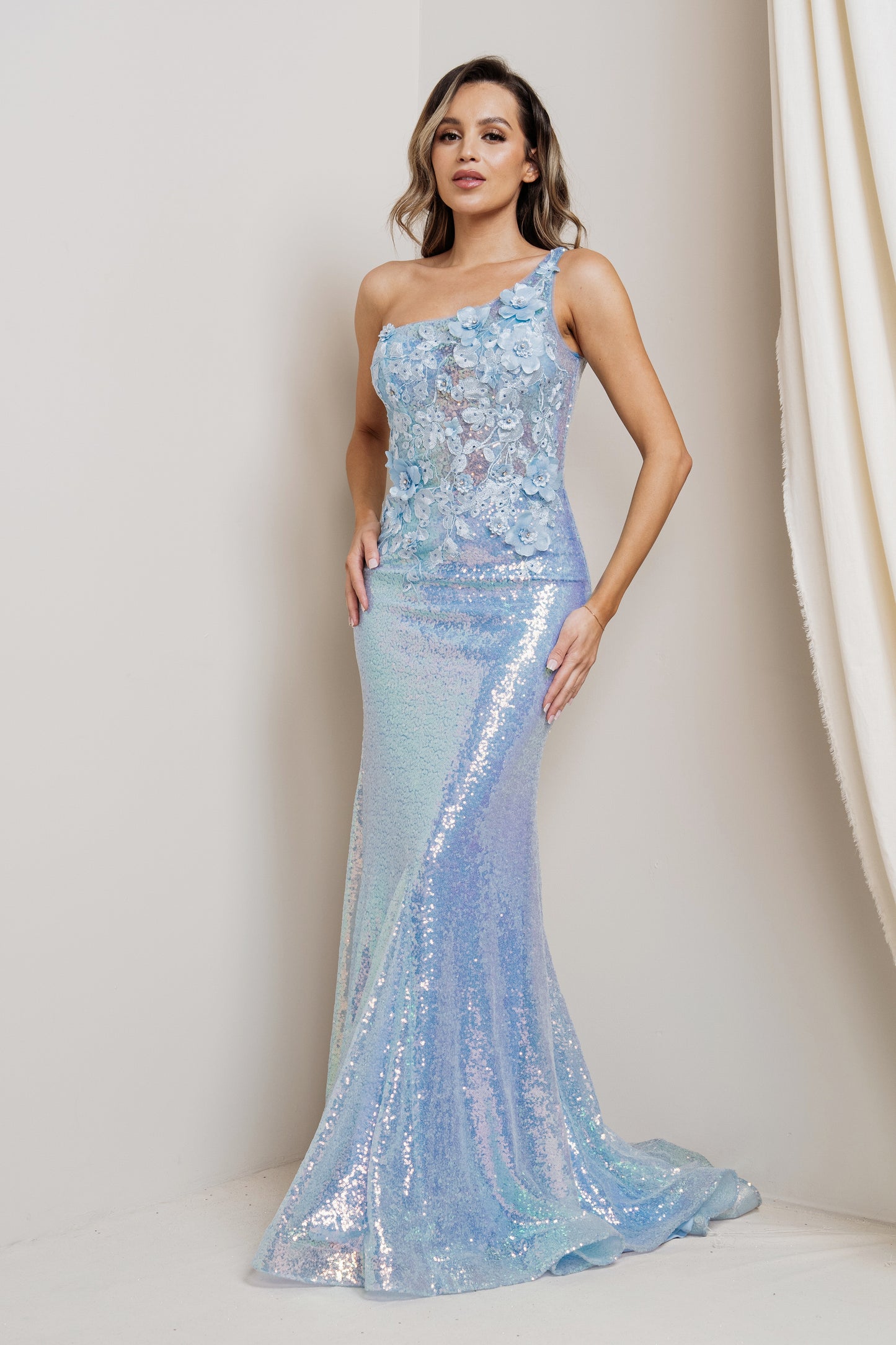 One-Shoulder 3D Flower Applique Sequinced Fitted Evening Dress