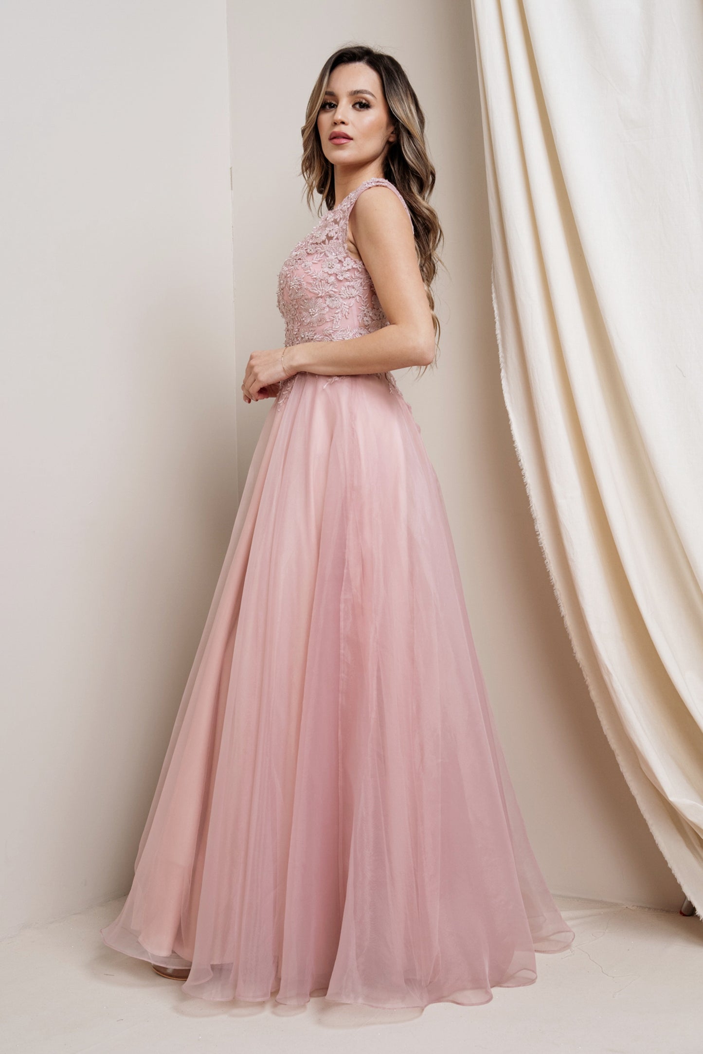 Floral Applique Lace Tulle Gown