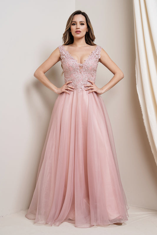 Floral Applique Lace Tulle Gown