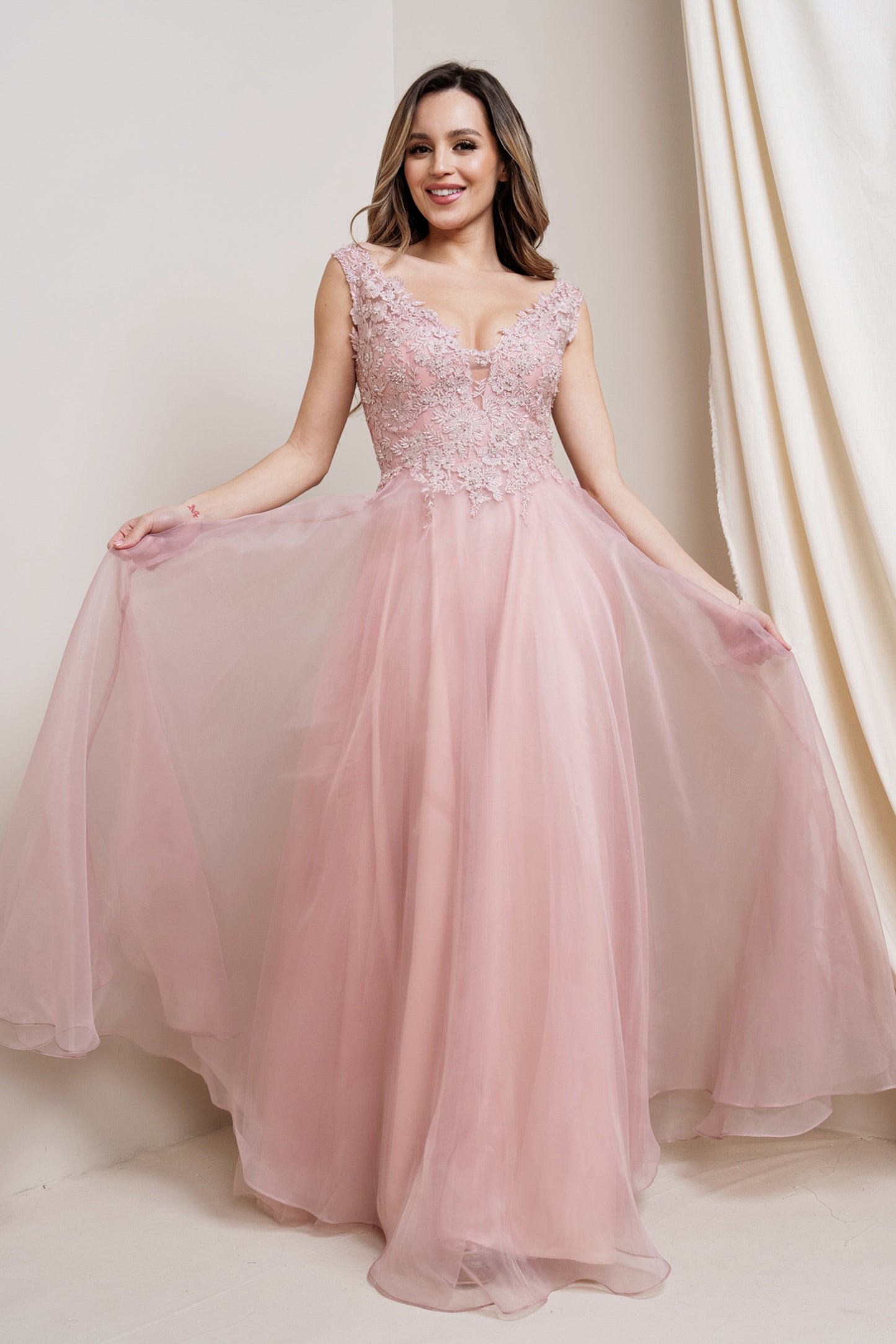 Floral Applique Lace Tulle Gown