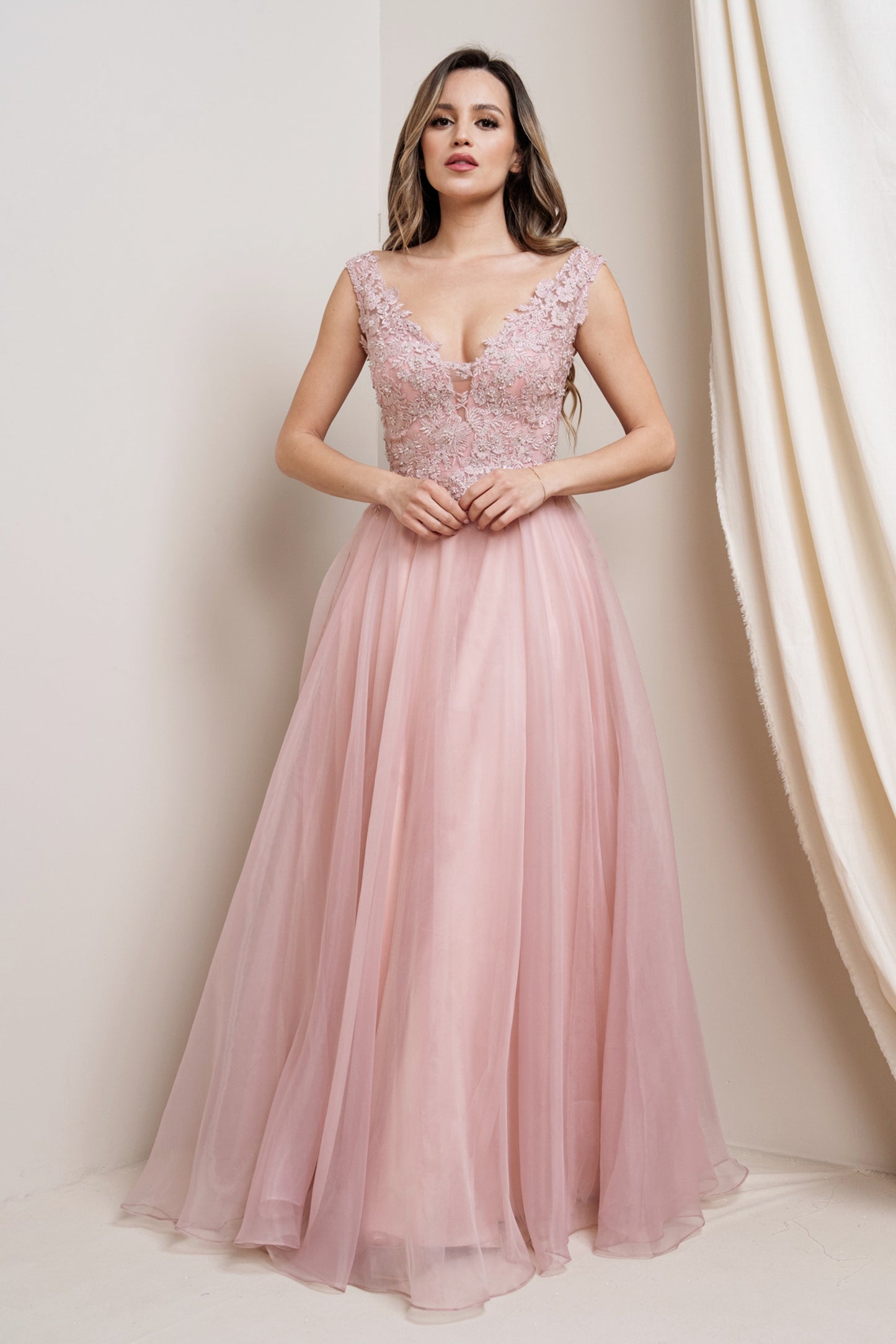 Floral Applique Lace Tulle Gown