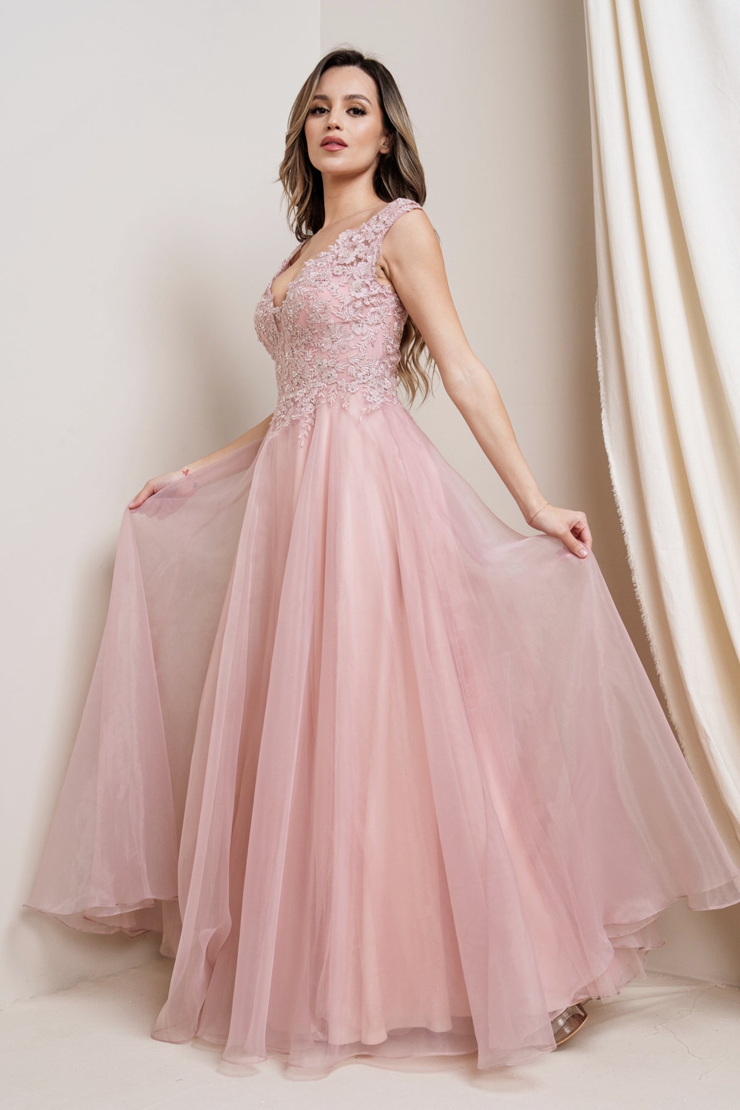 Floral Applique Lace Tulle Gown